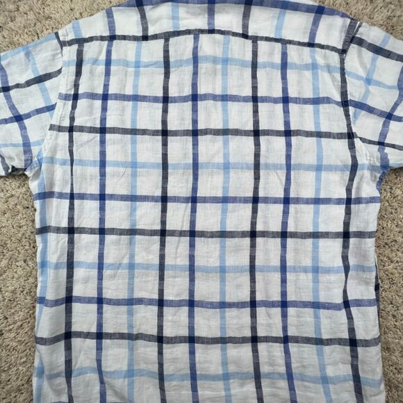 Alan Flusser Linen Blend Shirt Men Large Short Sleeve Button Up White Blue Check - Picture 6 of 6